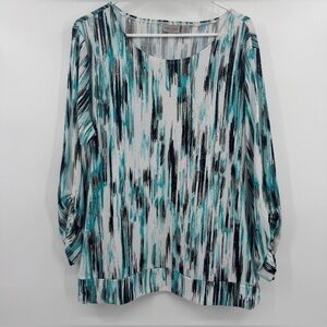 Chico’s Women’s Blouse in White, Teal and Brown| Size: 3 (16)